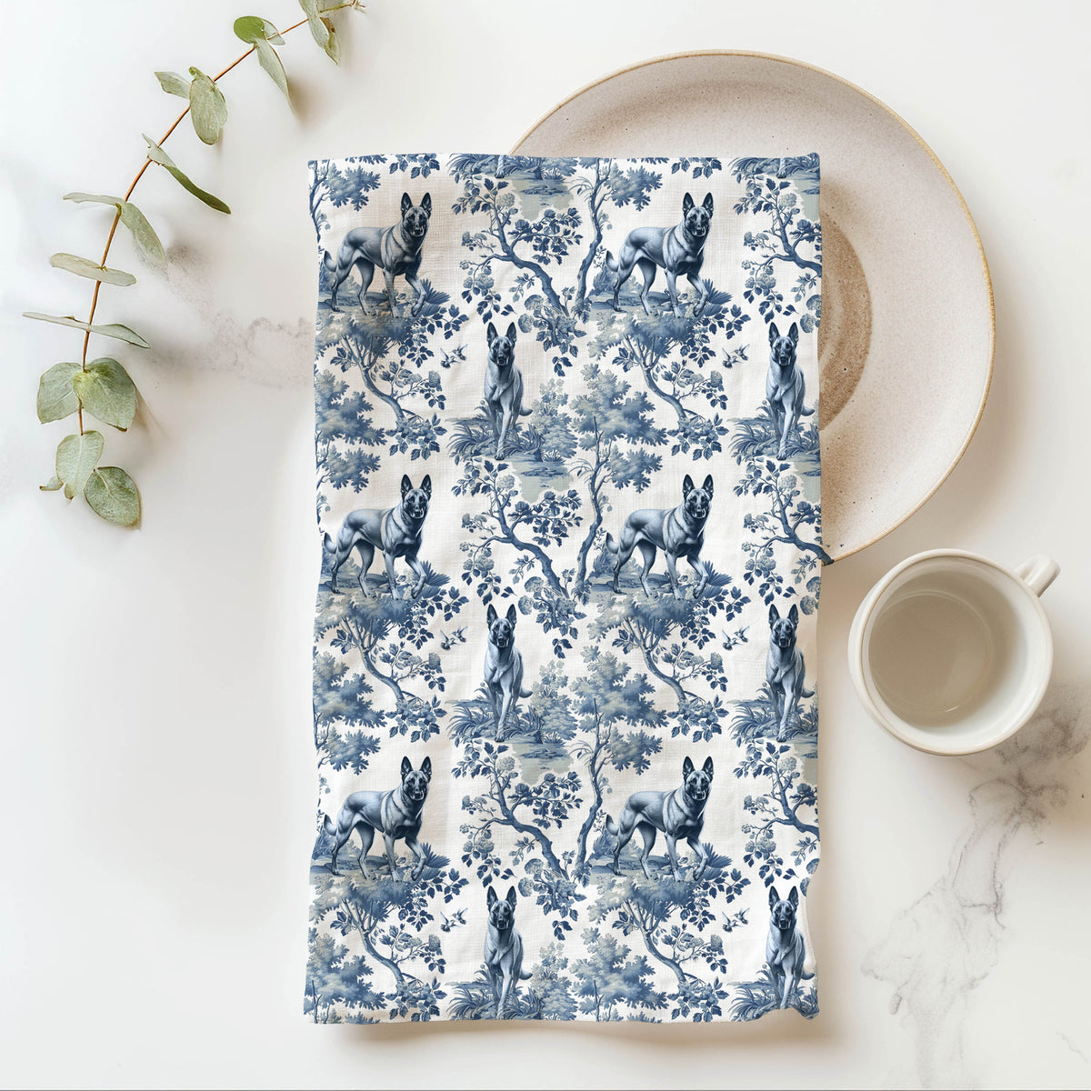 Belgian Malinois Garden Toile tea towel