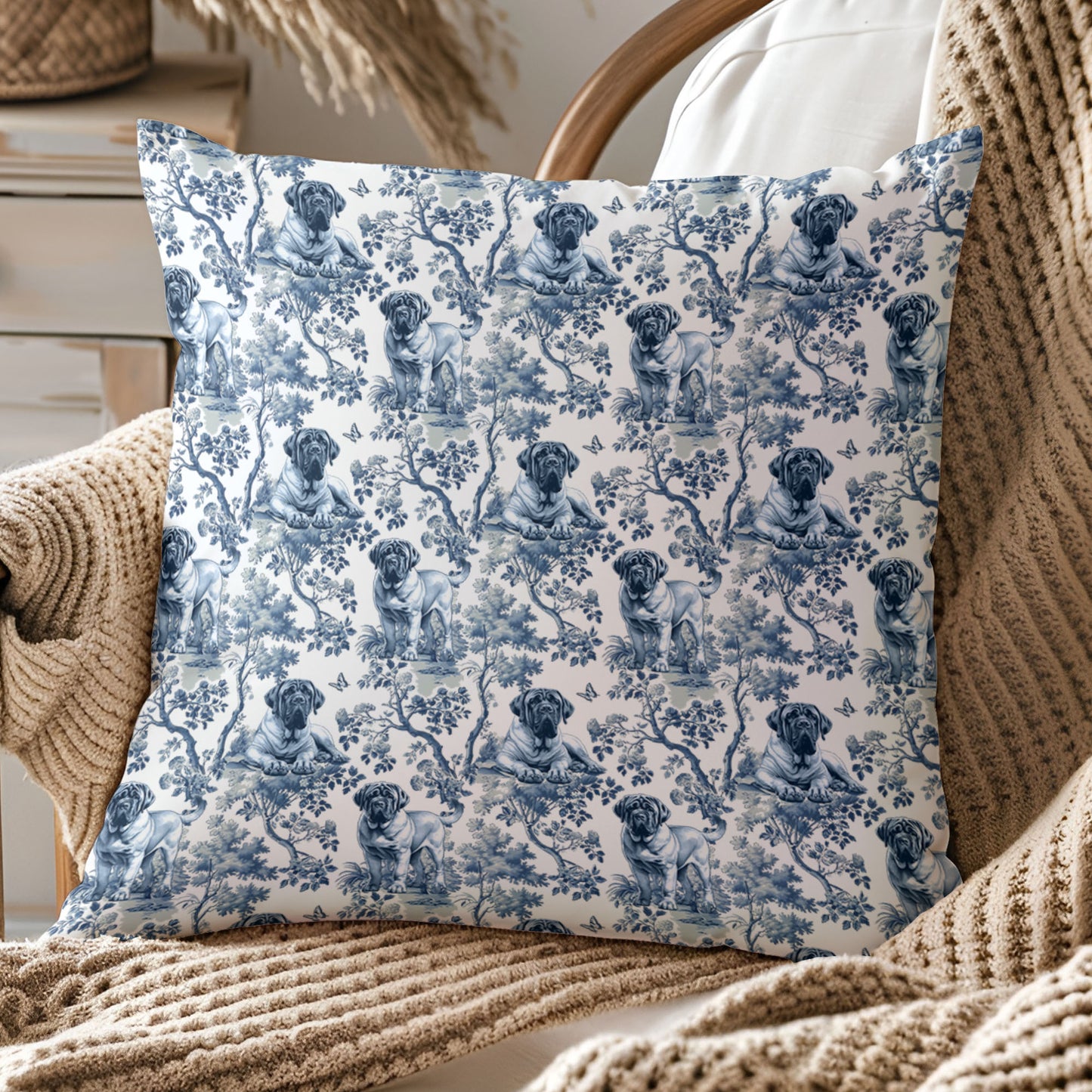 English Mastiff Pillow Cover - Blue Toile Pattern