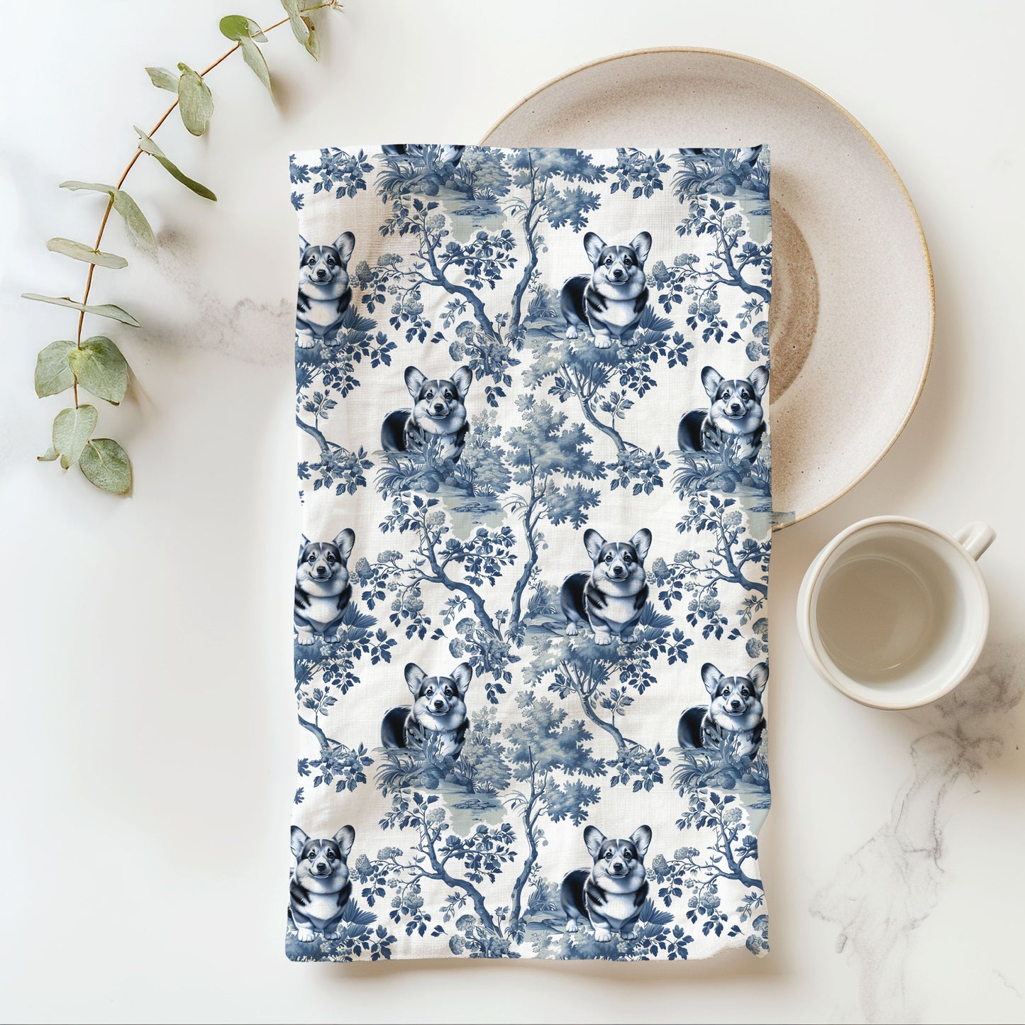 Pembroke Welsh Corgi Cotton Tea Towels - Toile Pattern
