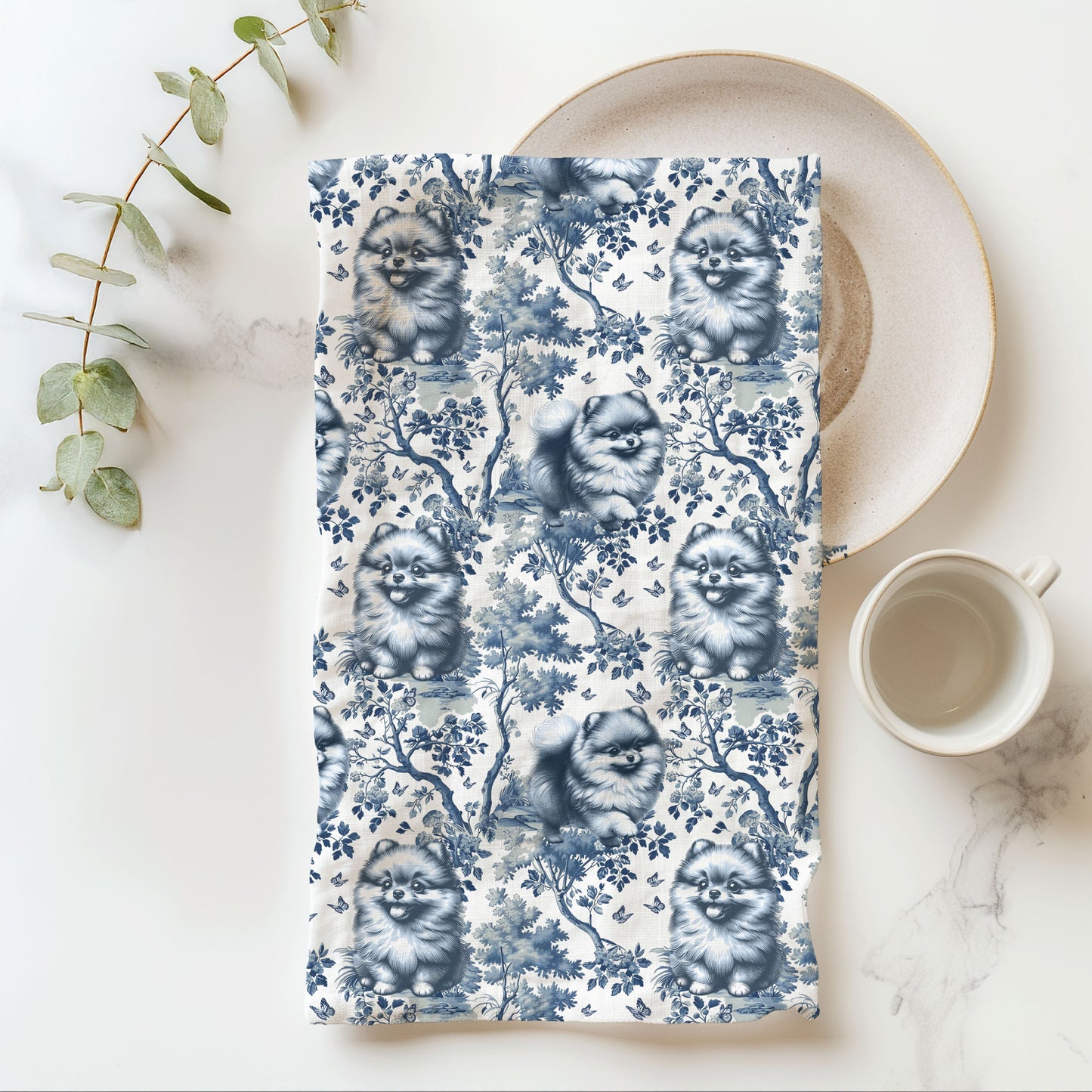 Pomeranian Cotton Tea Towels - Toile Pattern