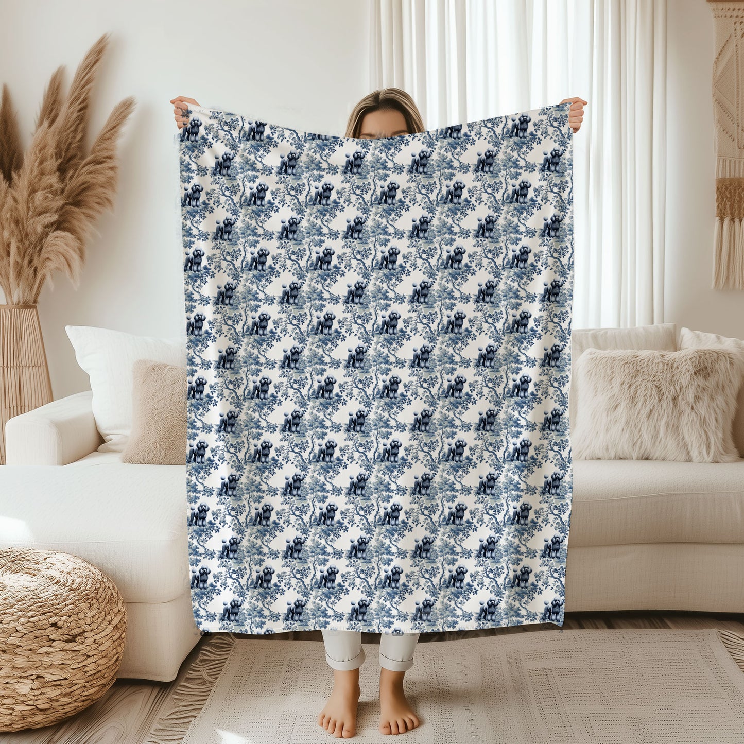 Toile Poodle throw blanket, 60 by 80 inches held up
