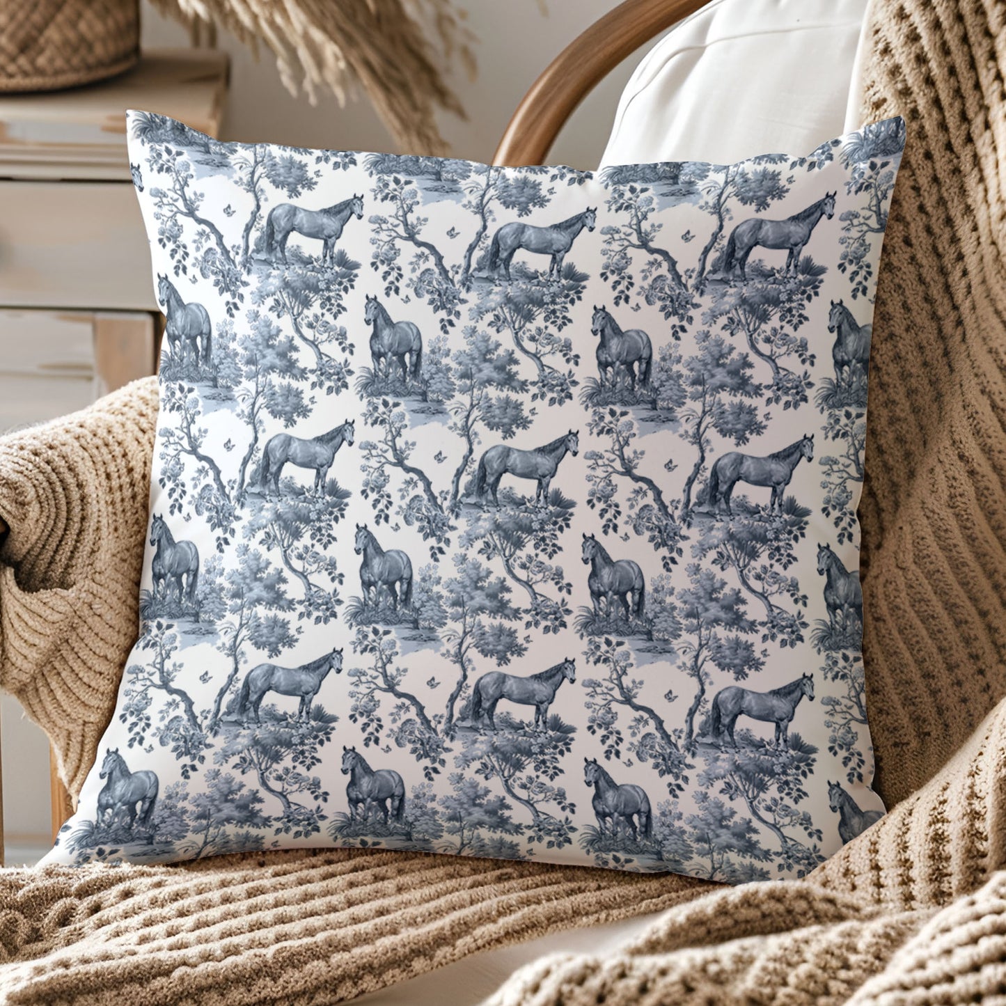 Quarter Horse Pillow Cover - Blue Toile Pattern
