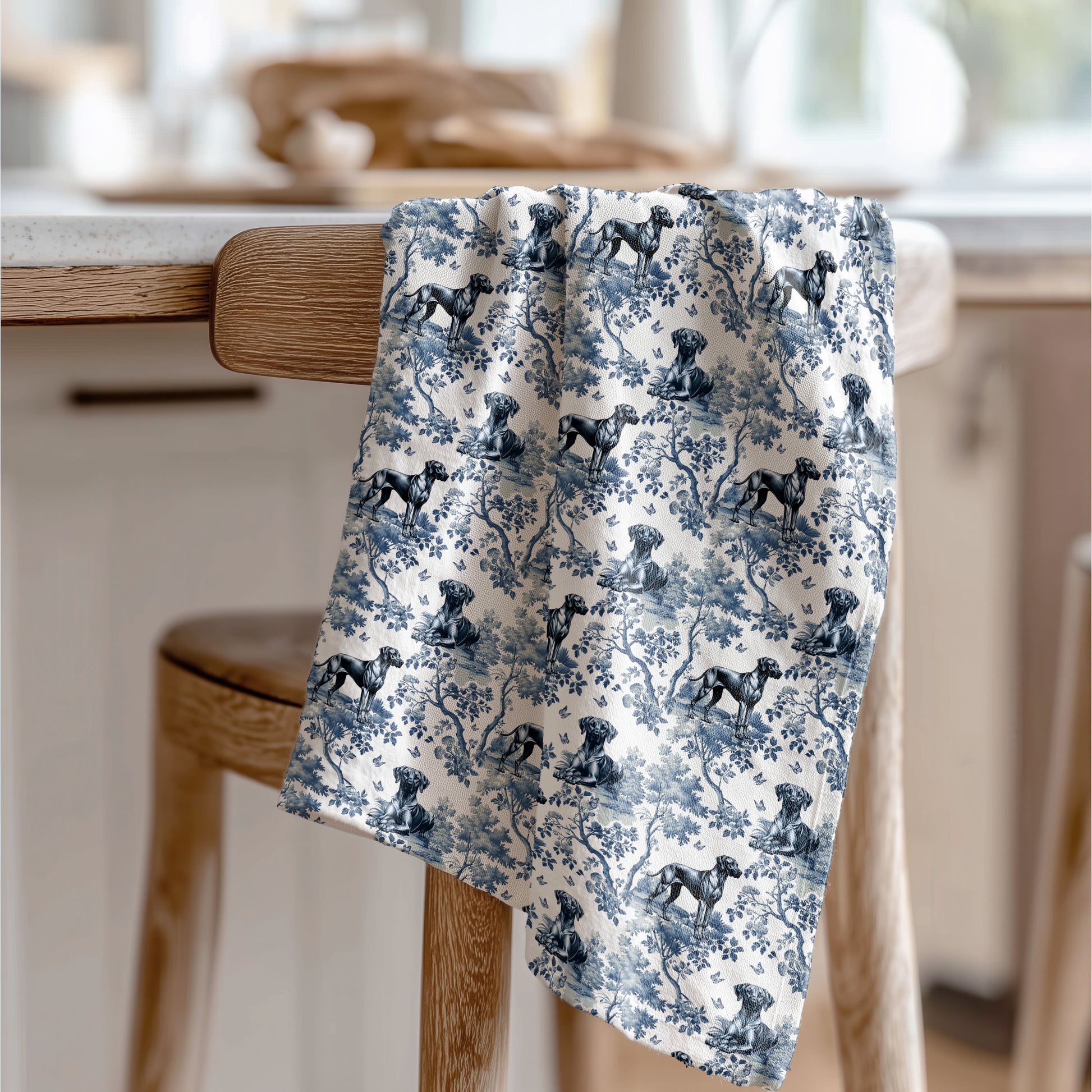 Rhodesian Ridgeback blue toile tea towel displayed in a kitchen