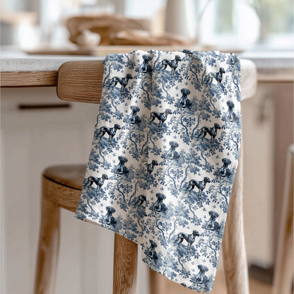 Rhodesian Ridgeback blue toile tea towel displayed in a kitchen
