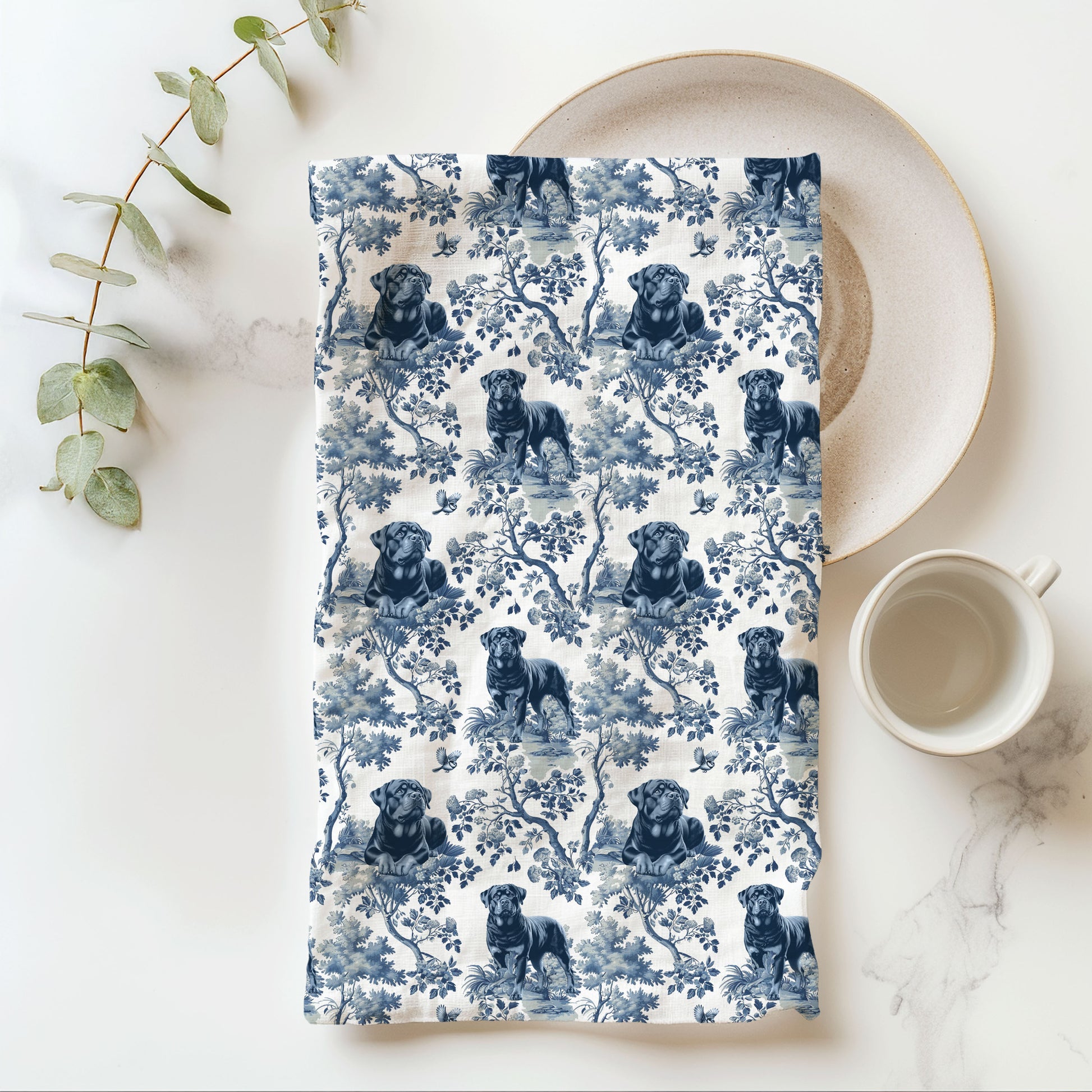 Rottweiler blue toile cotton tea towel