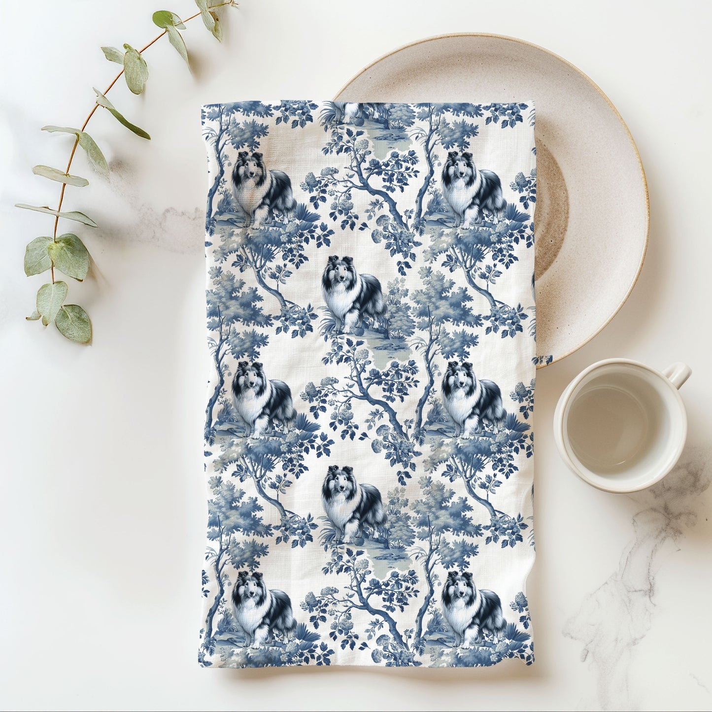 Rough Collie Cotton Tea Towels -Toile Pattern