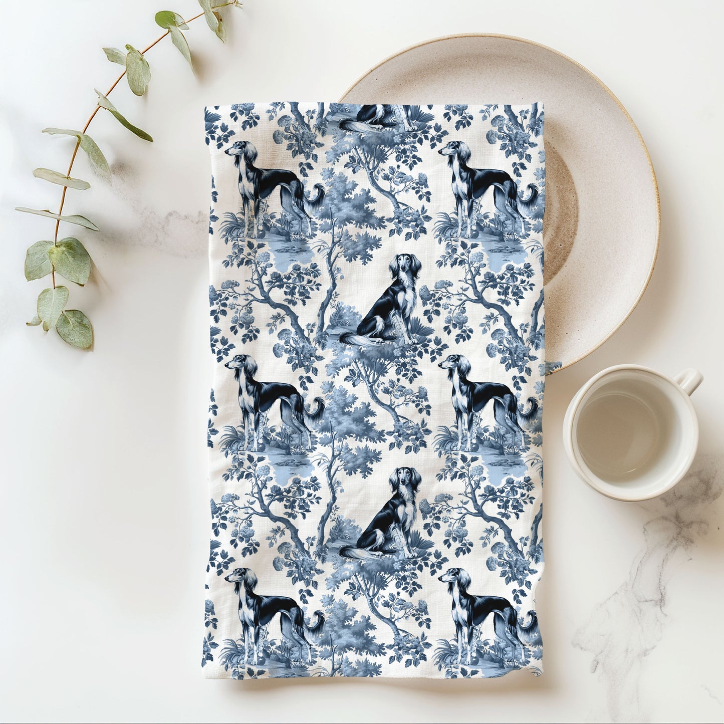 Saluki Cotton Tea Towels - Toile Pattern