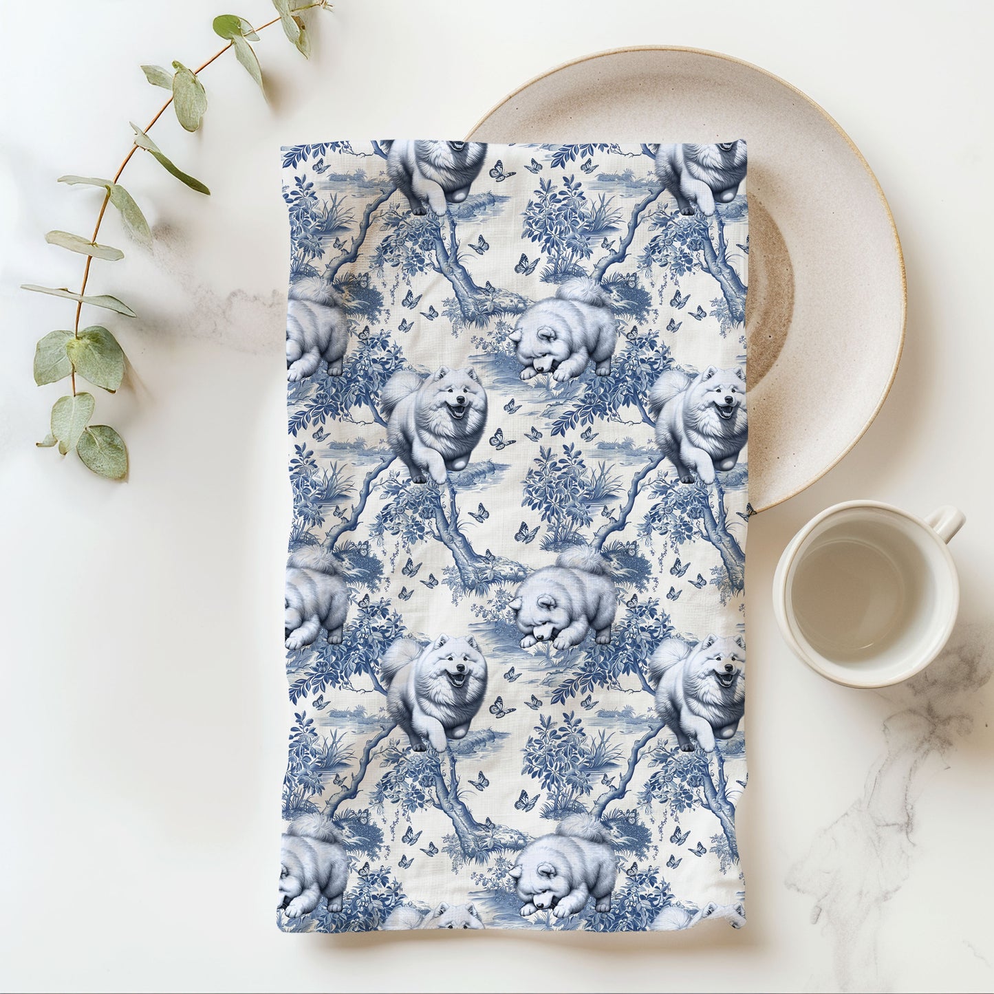 Samoyed Cotton Tea Towels - Toile Pattern