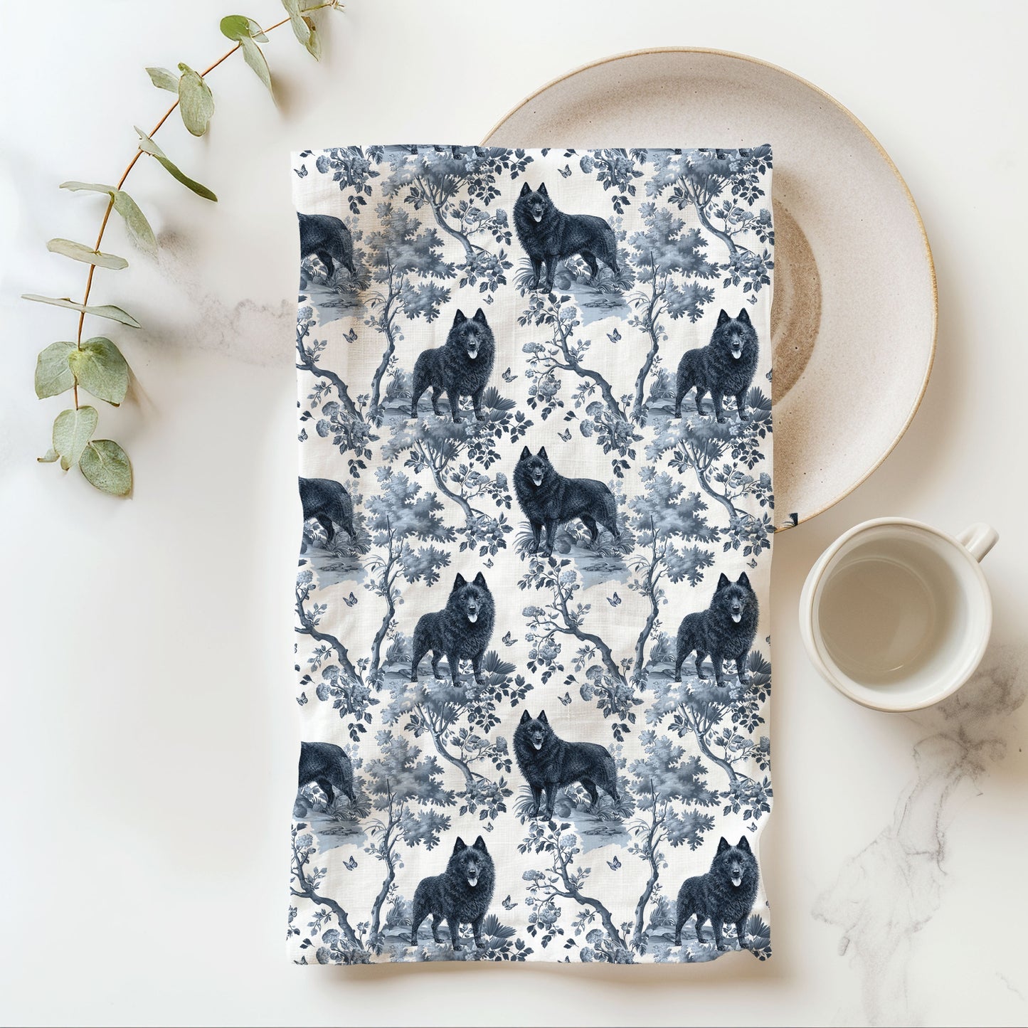 Schipperke Cotton Tea Towels - Toile Pattern