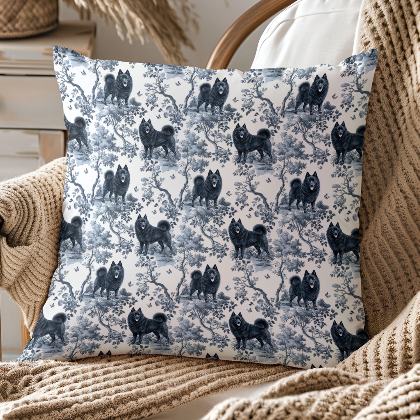Schipperke with Tail Pillow Cover - Blue Toile Pattern