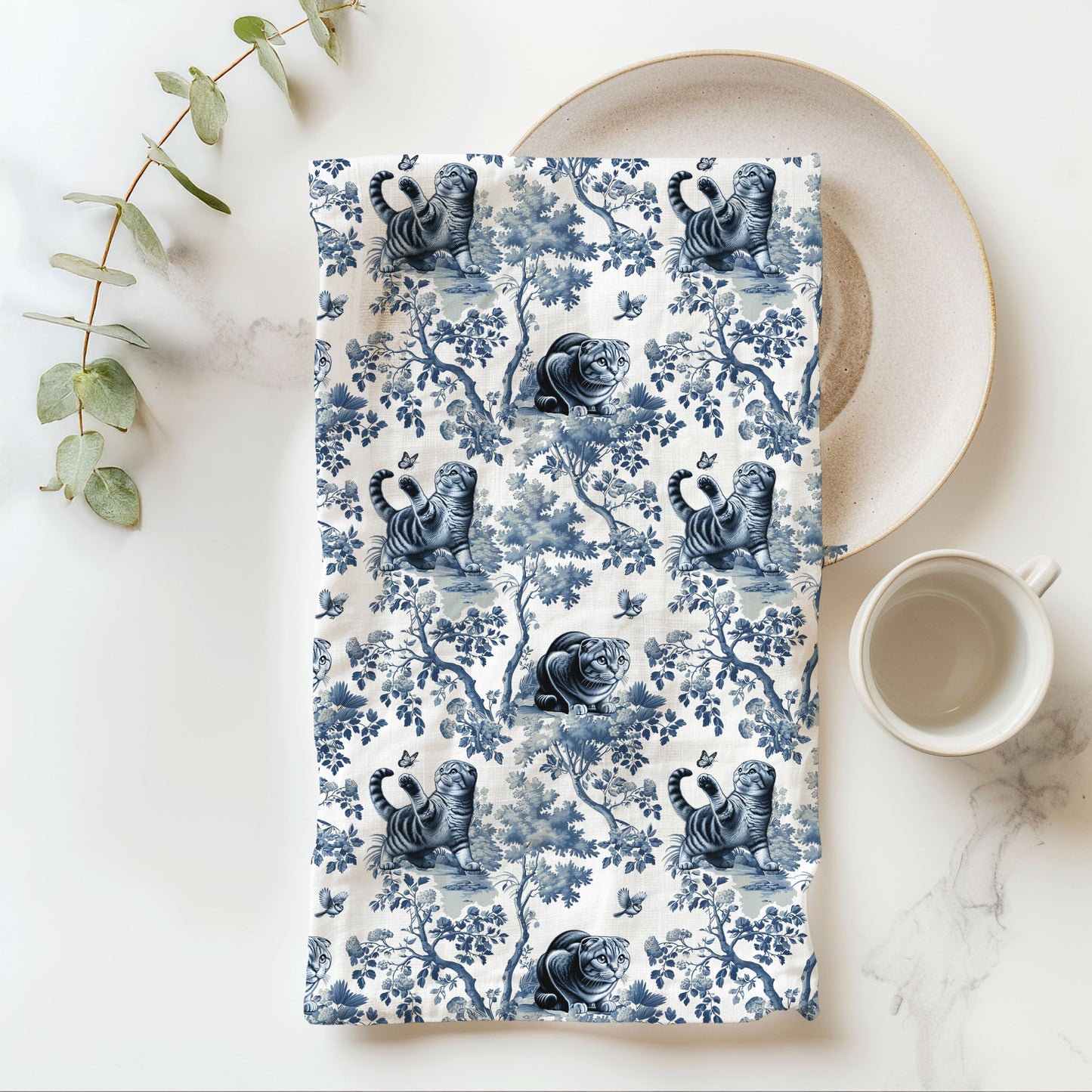 Scottish Fold Cat Cotton Tea Towels - Toile Pattern