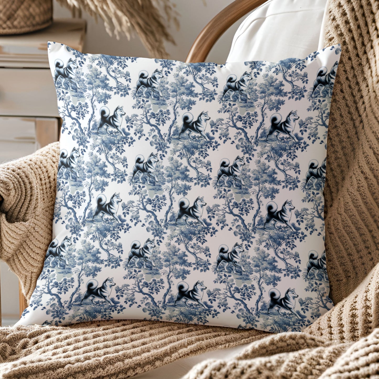 Shiba Inu Pillow Cover - Blue Toile Pattern