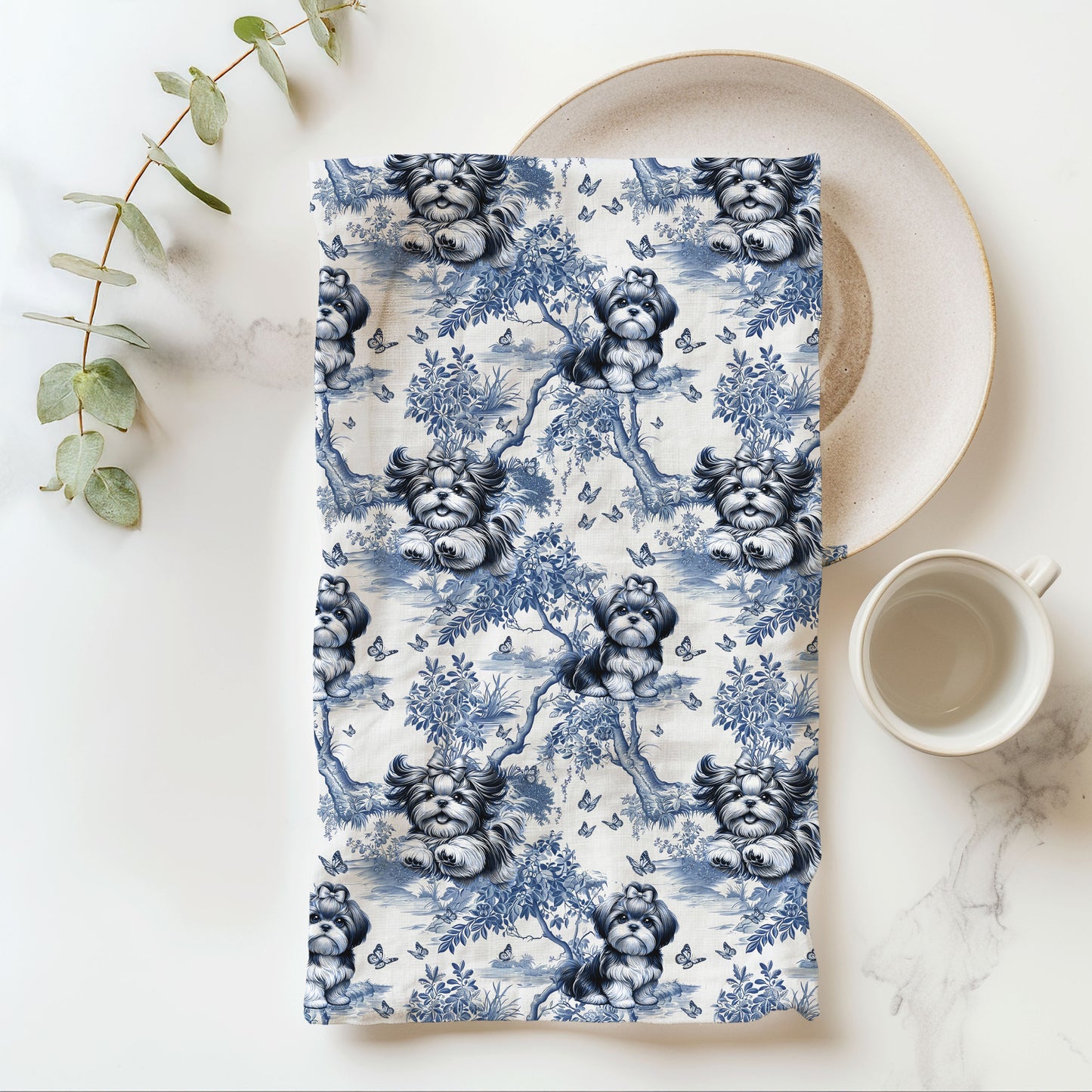 Shih Tzu Cotton Tea Towels - Toile Pattern