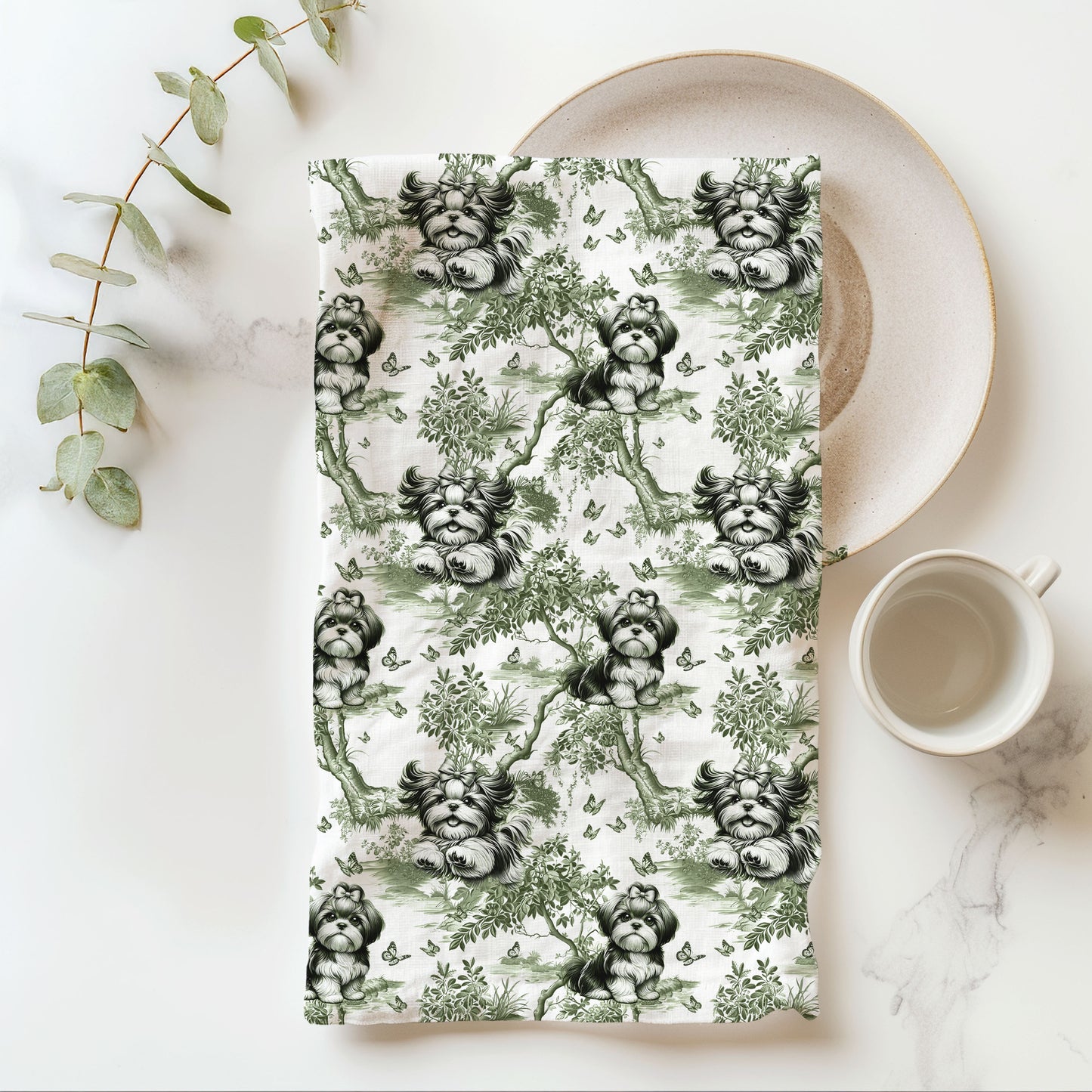 Shih Tzu Sage Cotton Tea Towels - Toile Pattern