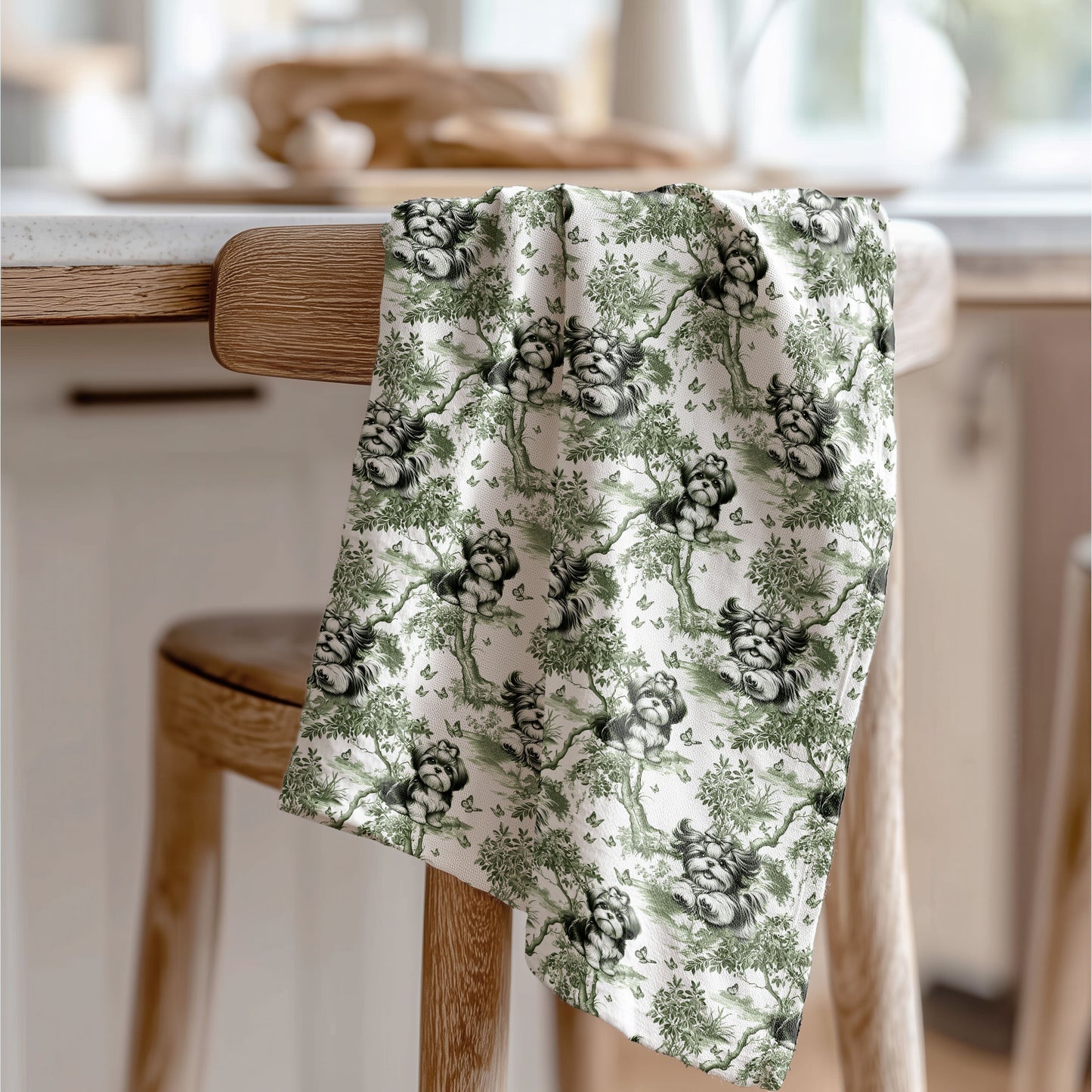 Shih Tzu Sage Cotton Tea Towels - Toile Pattern