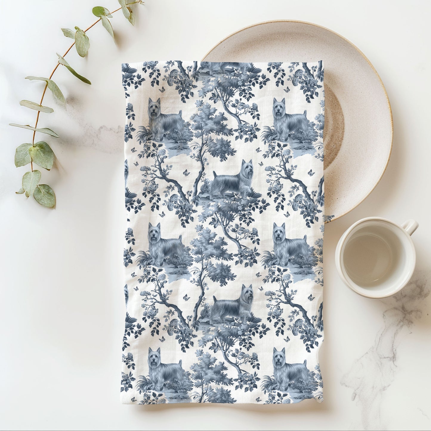 Silky Terrier Cotton Tea Towels - Toile Pattern
