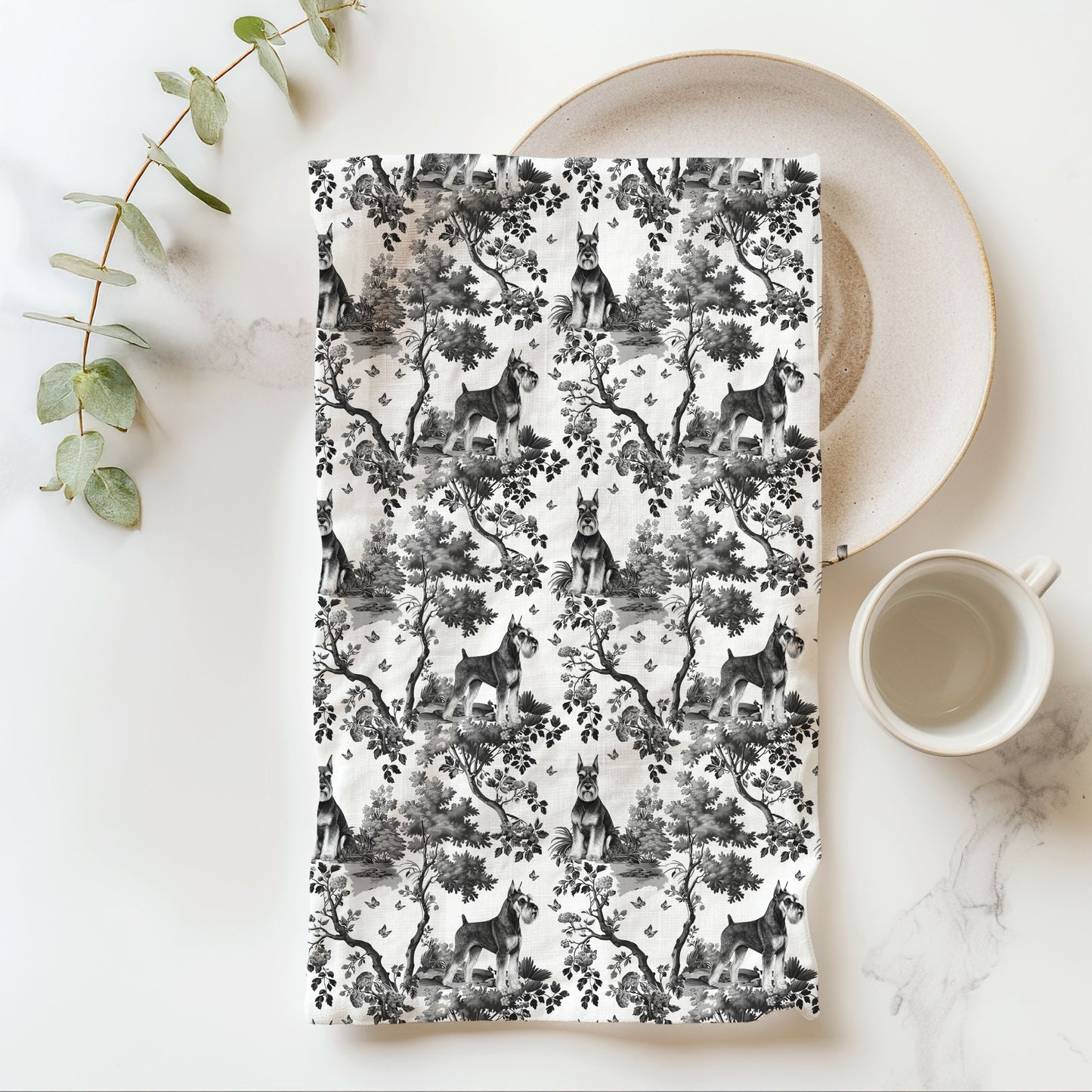 Standard Schnauzer Cotton Tea Towels - Black Toile Pattern