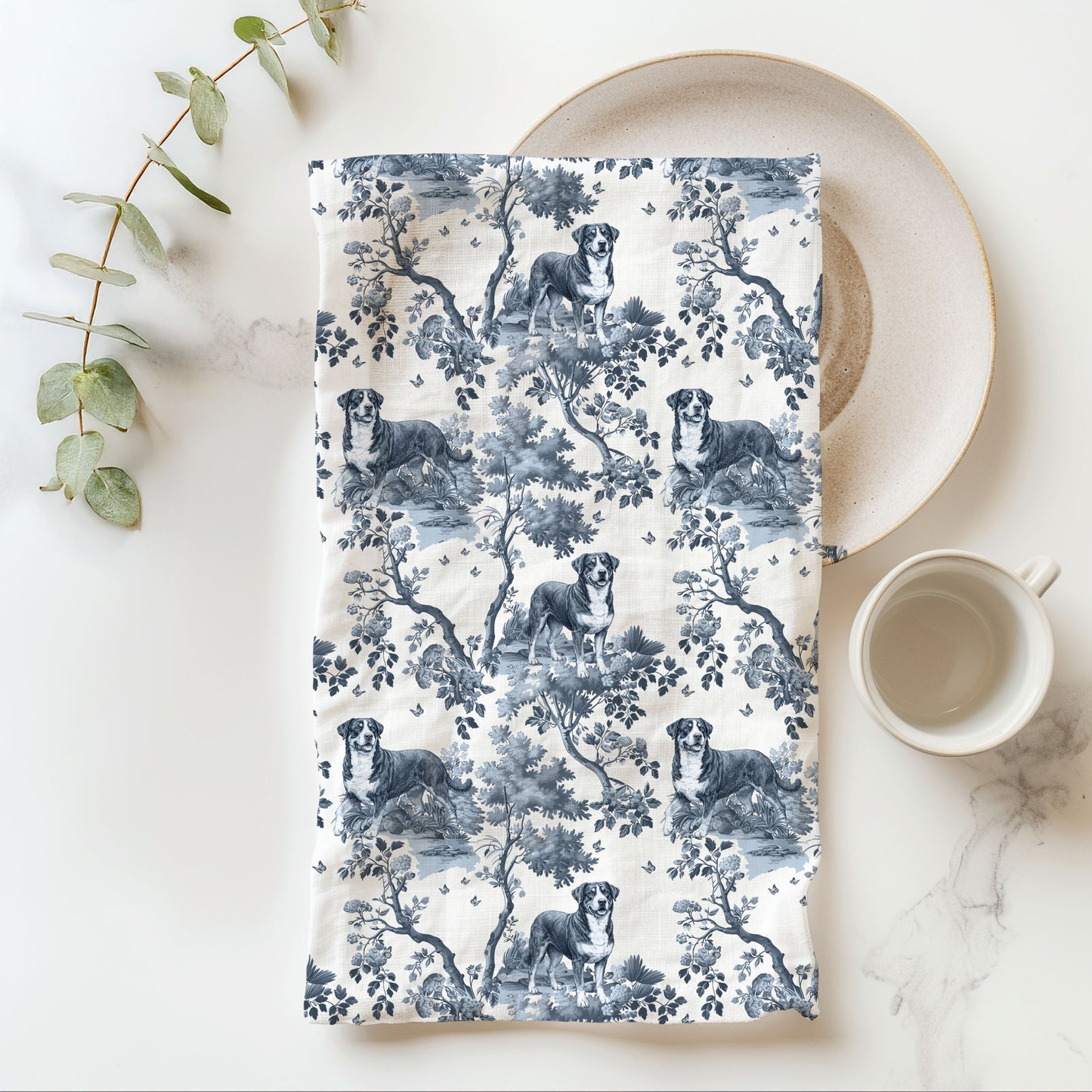 Swiss Mountain Dog Cotton Tea Towels - Toile Pattern