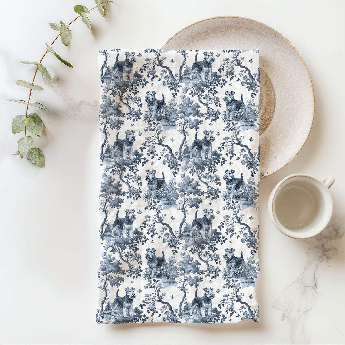 Welsh Terrier Cotton Tea Towels - Toile Pattern