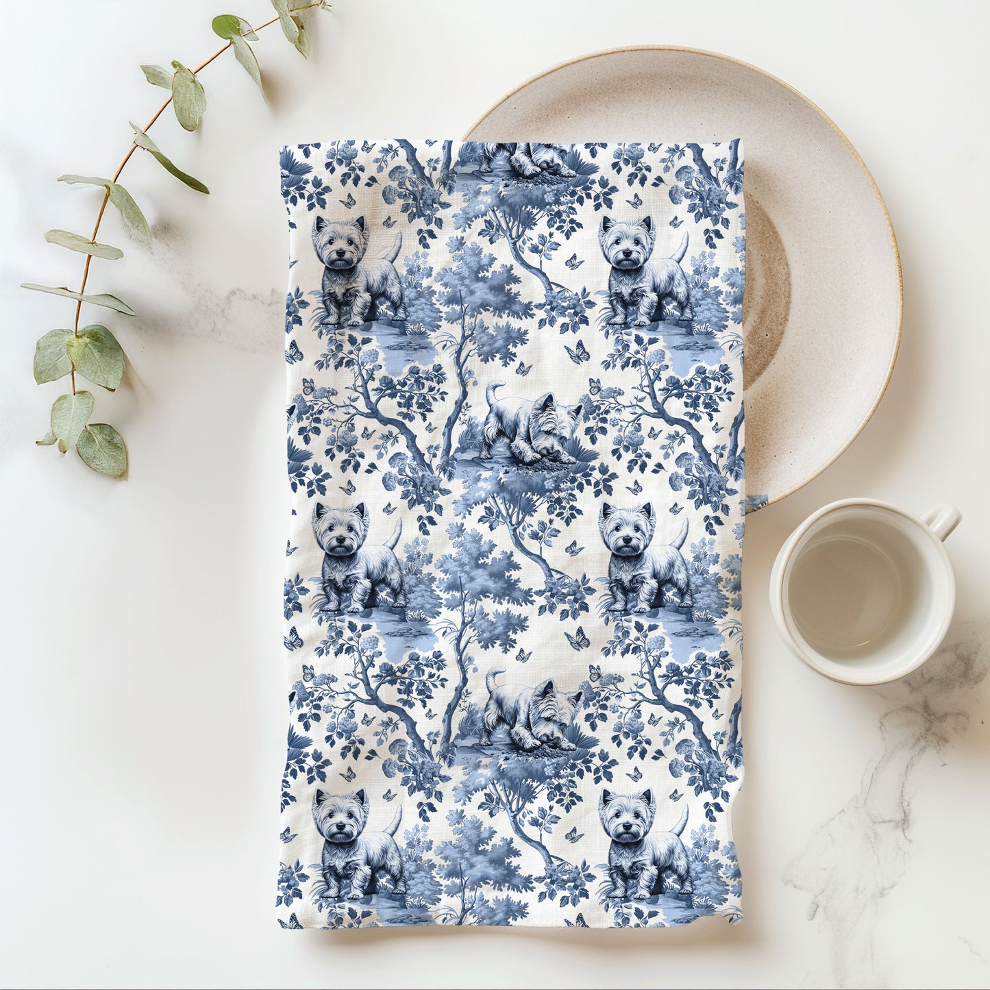 West Highland Terrier Cotton Tea Towels -Toile Pattern