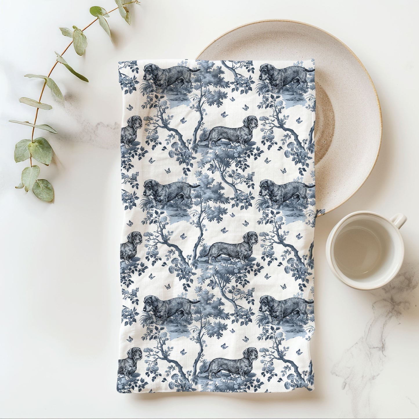 Wirehaired Dachshund Cotton Tea Towels - Toile Pattern