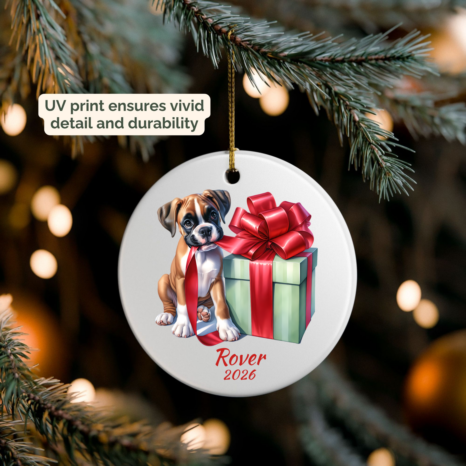 Personalized Boxer ornament hanging on a lit Christmas tree