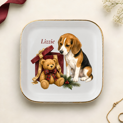 Personalized Beagle Christmas jewelry dish with gold rim