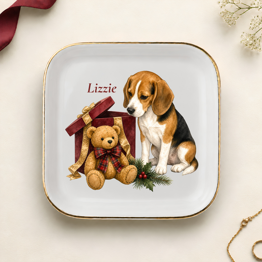 Personalized Beagle Christmas jewelry dish with gold rim