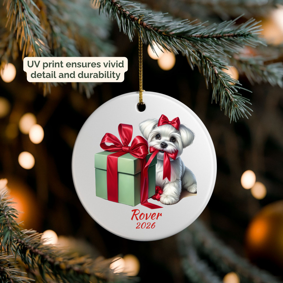 Personalized Maltese ornament hanging on a lit Christmas tree