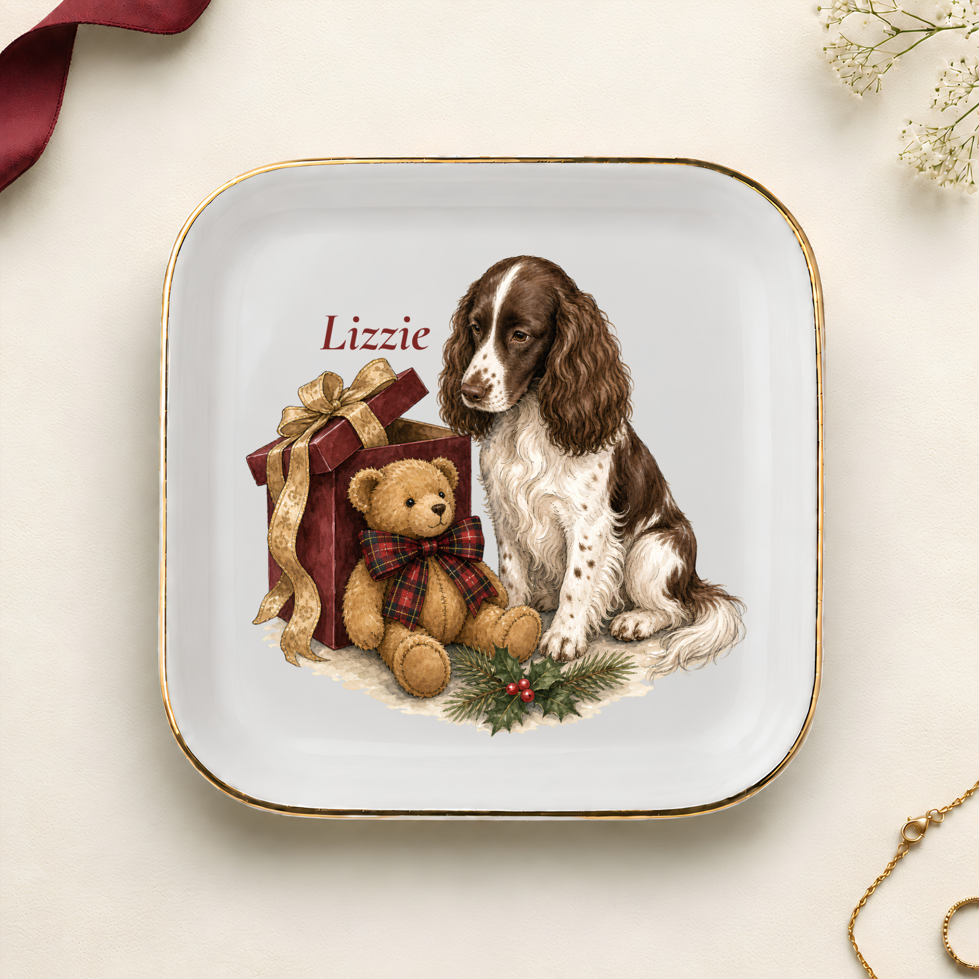 Personalized English Springer Spaniel Christmas jewelry dish with gold rim