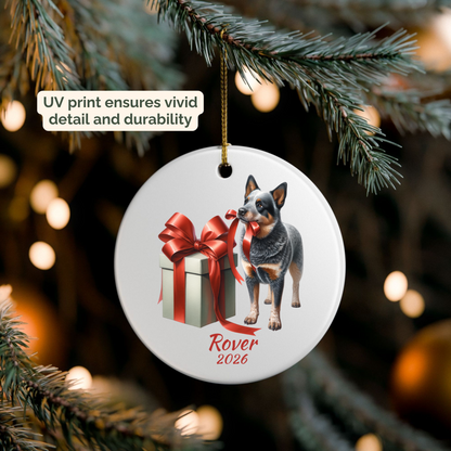 Personalized Australian Cattle Dog ornament hanging on a lit Christmas tree