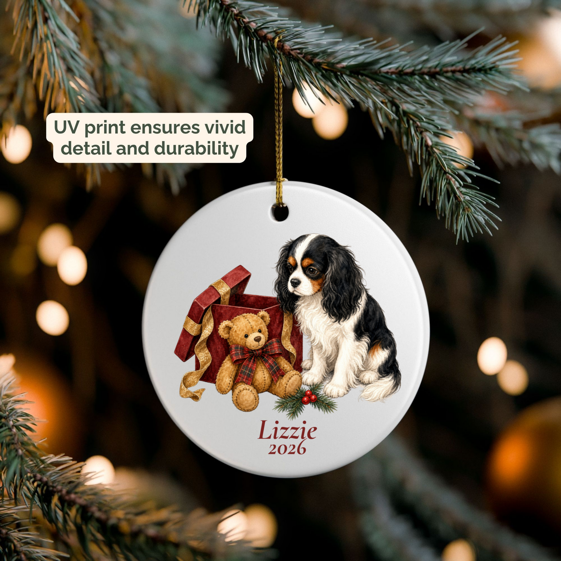 Personalized Cavalier King Charles Spaniel (Tricolor) ornament hanging on a lit Christmas tree