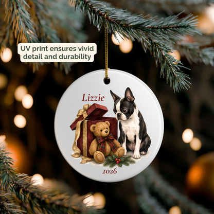 Personalized Boston Terrier (Black) ornament hanging on a lit Christmas tree