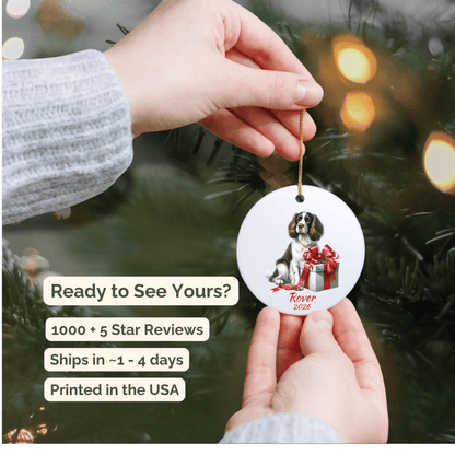 Personalized English Springer Spaniel ornament hanging on a lit Christmas tree
