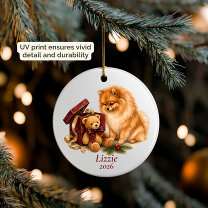 Personalized Pomeranian ornament hanging on a lit Christmas tree