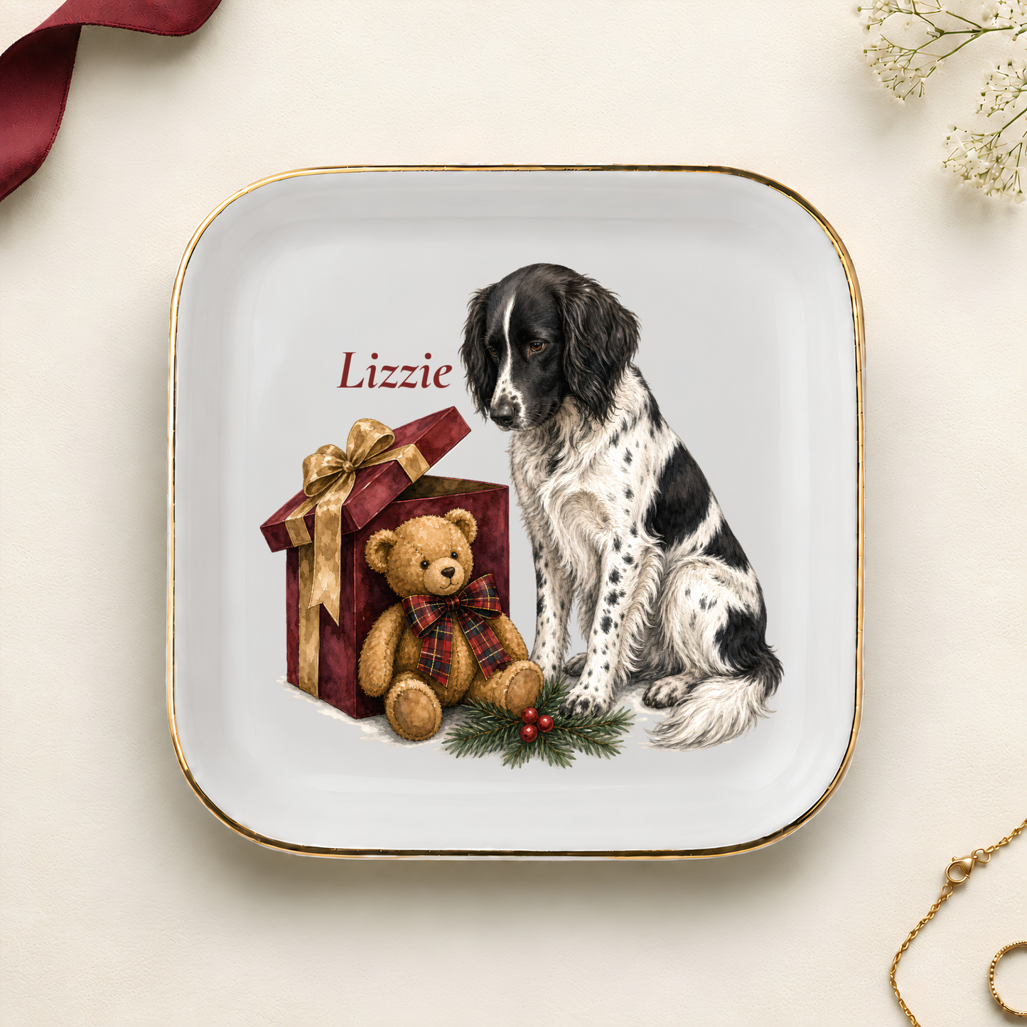 Personalized Large Munsterlander Christmas jewelry dish with gold rim