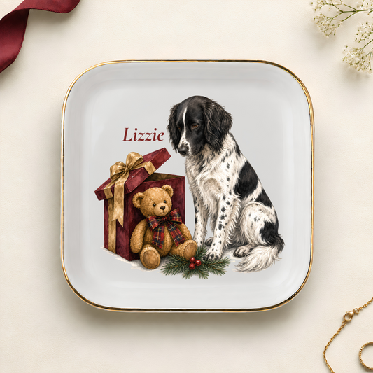 Personalized Large Munsterlander Christmas jewelry dish with gold rim
