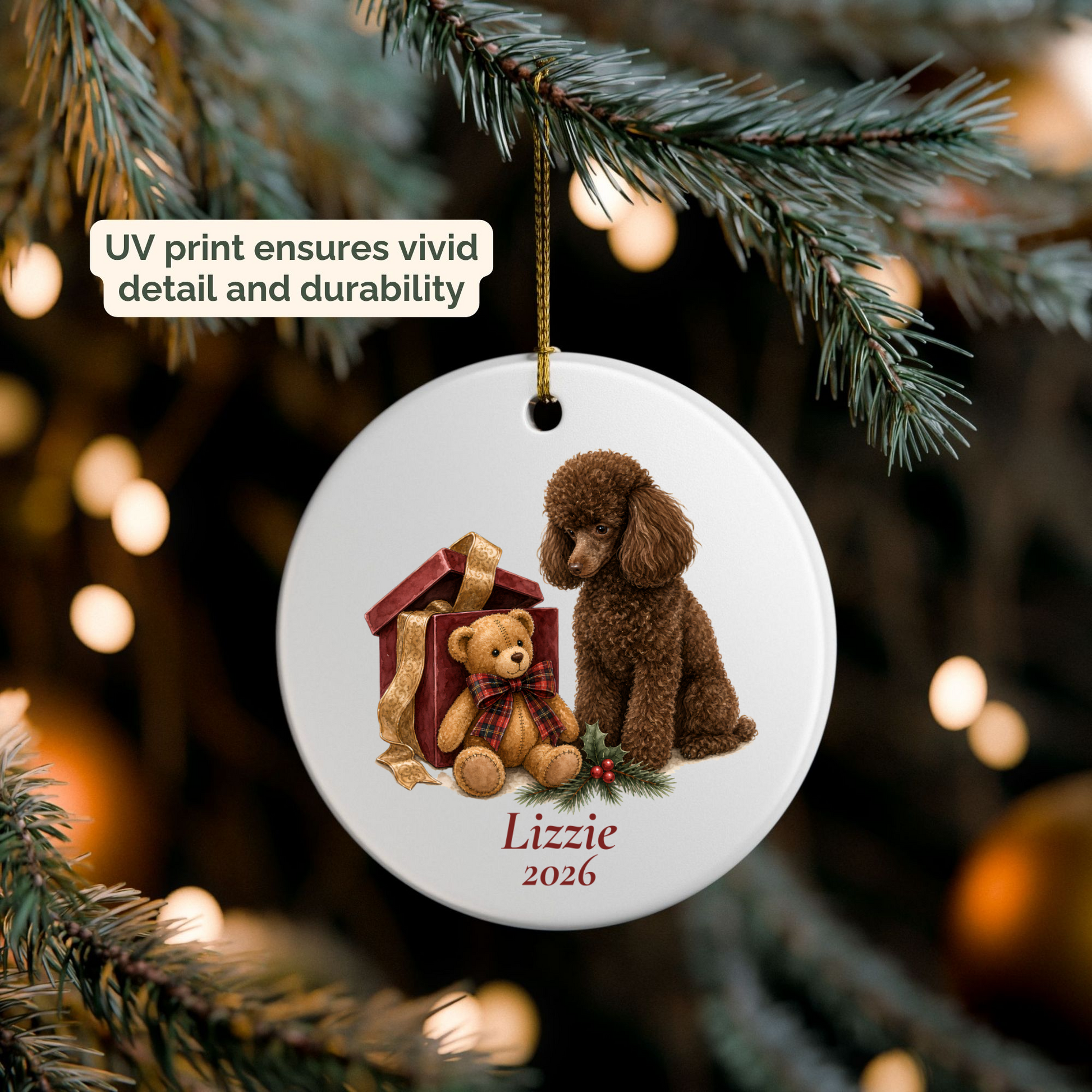 Personalized Miniature Poodle (Brown) ornament hanging on a lit Christmas tree