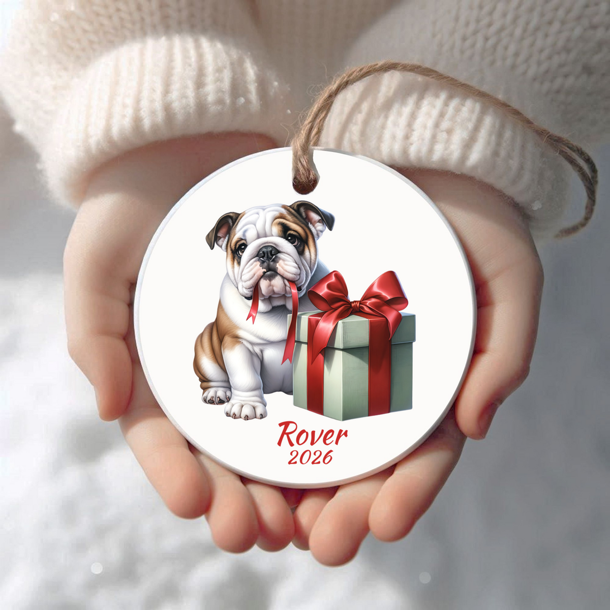 Personalized English Bulldog Christmas ornament held in cupped hands