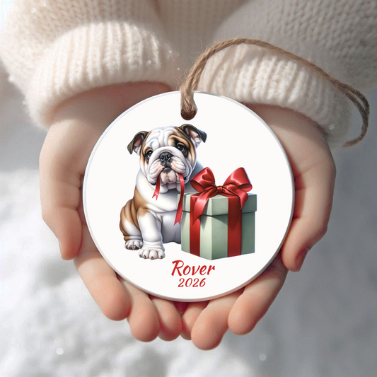 Personalized English Bulldog Christmas ornament held in cupped hands