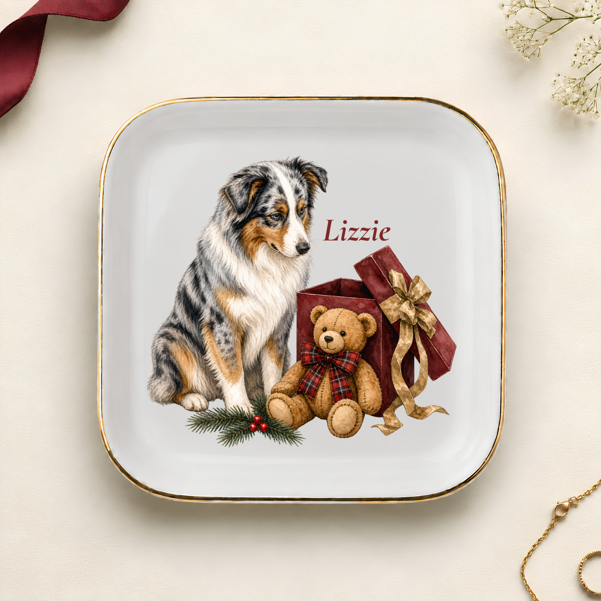 Personalized Australian Shepherd Christmas jewelry dish with gold rim