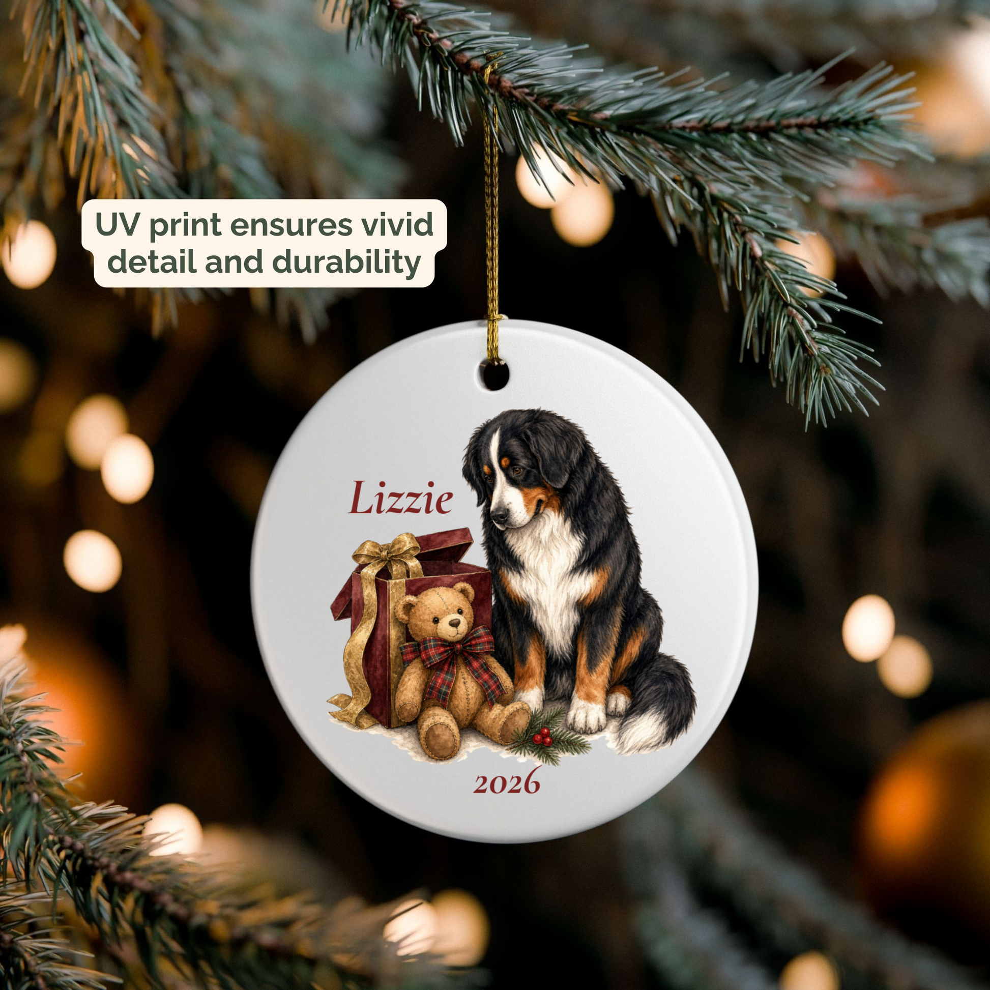 Personalized Bernese Mountain Dog ornament hanging on a lit Christmas tree