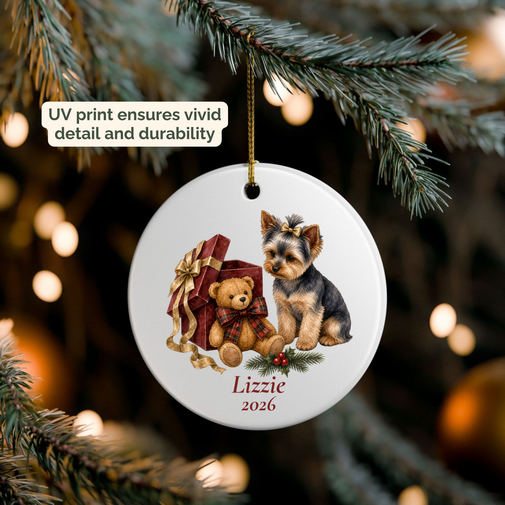 Personalized Yorkshire Terrier (Bow) ornament hanging on a lit Christmas tree