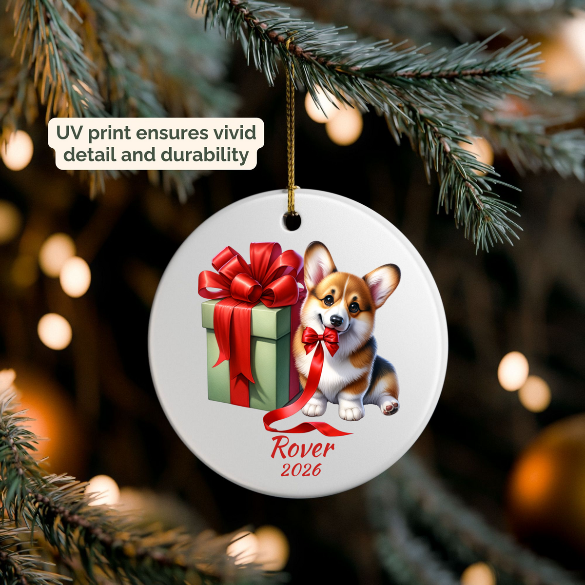 Personalized Corgi ornament hanging on a lit Christmas tree