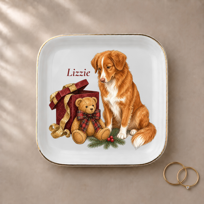 Nova Scotia Duck Tolling Retriever jewelry dish styled with gold rings and a personalized name