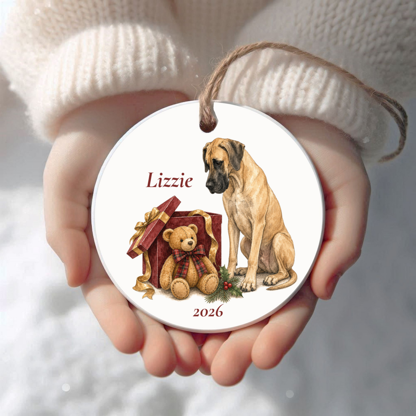 Personalized Great Dane (Fawn) Christmas ornament held in cupped hands