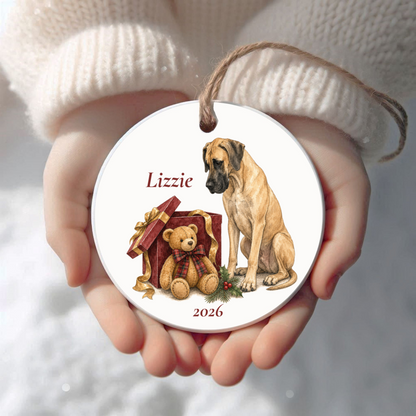 Personalized Great Dane (Fawn) Christmas ornament held in cupped hands