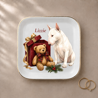 Bull Terrier jewelry dish styled with gold rings and a personalized name
