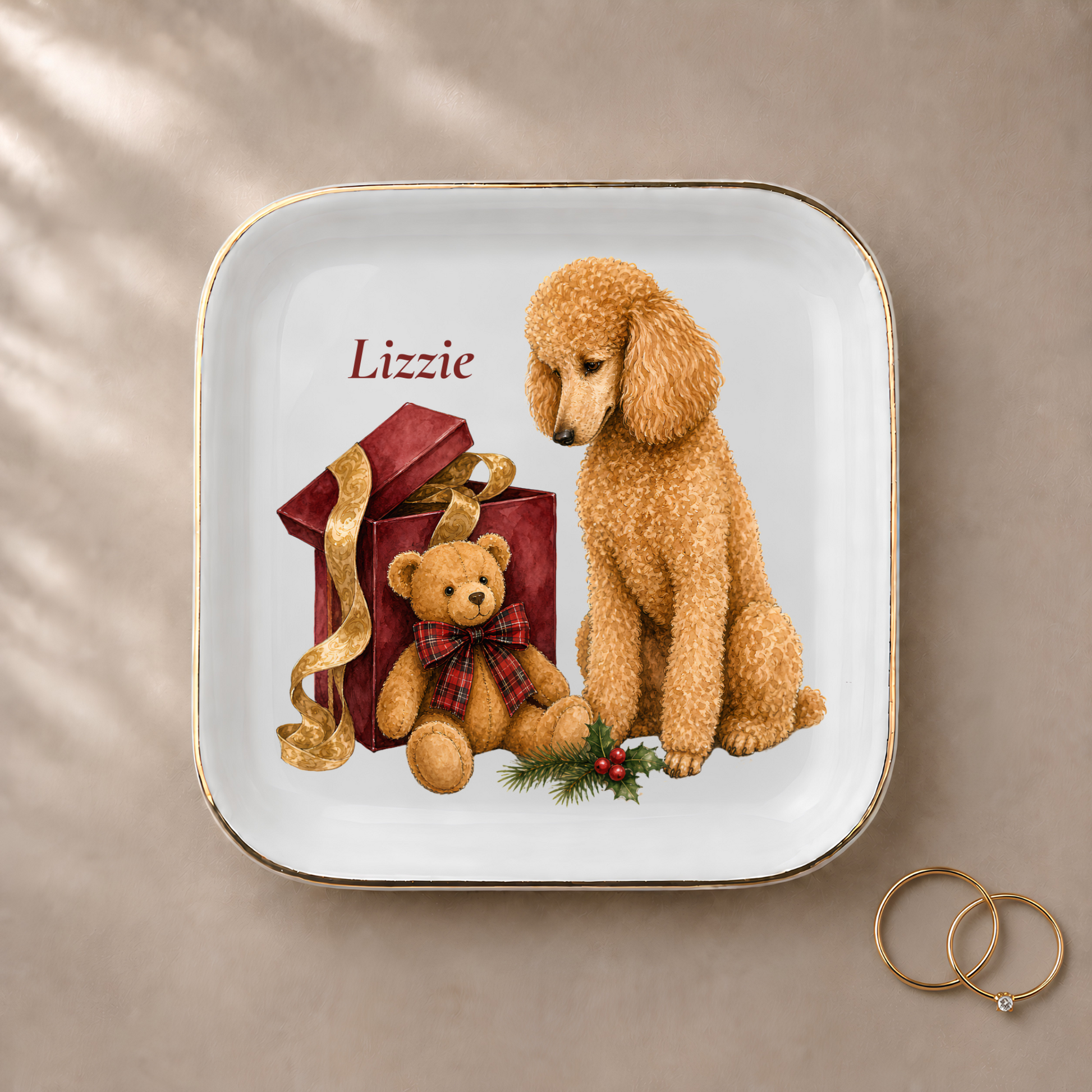 Standard Poodle jewelry dish styled with gold rings and a personalized name