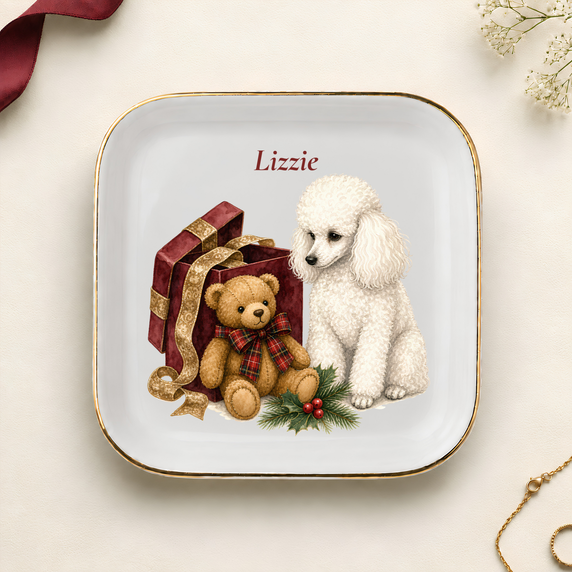 Personalized Miniature Poodle Christmas jewelry dish with gold rim